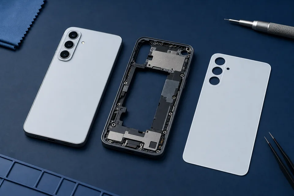 Celular sem marca com tampa traseira e estrutura separadas.