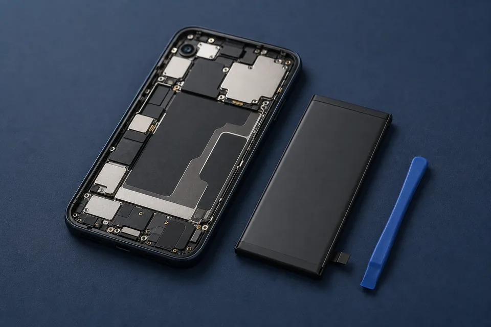 Celular aberto com bateria removida e ferramenta plástica de precisão.