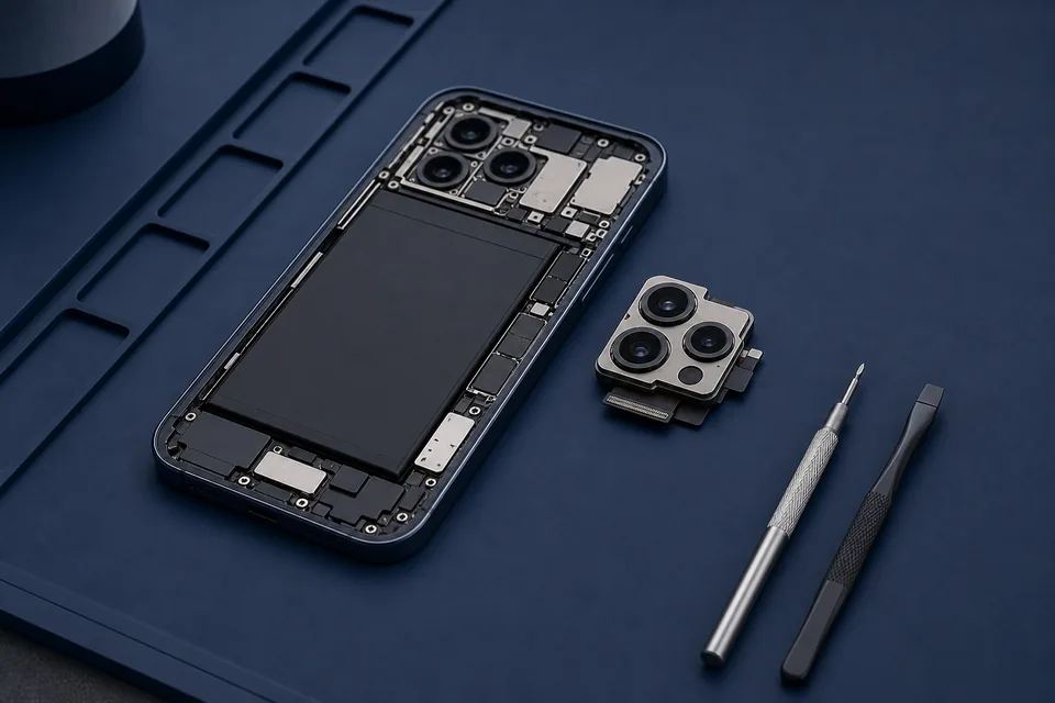 Celular aberto com módulo de câmera separado e ferramentas de precisão.