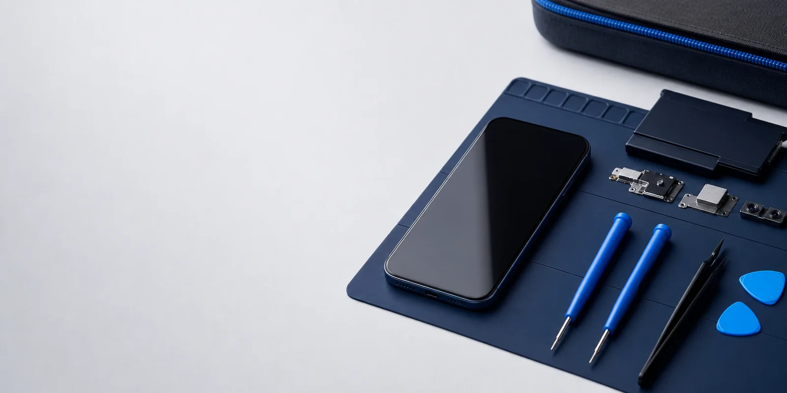 Celular sem marca com ferramentas de precisão organizadas em uma superfície técnica.