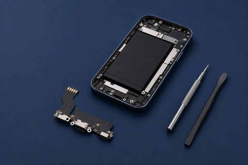 Celular aberto com módulo do conector de carga separado.