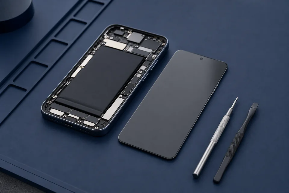 Celular aberto com tela de reposição e ferramentas de precisão.